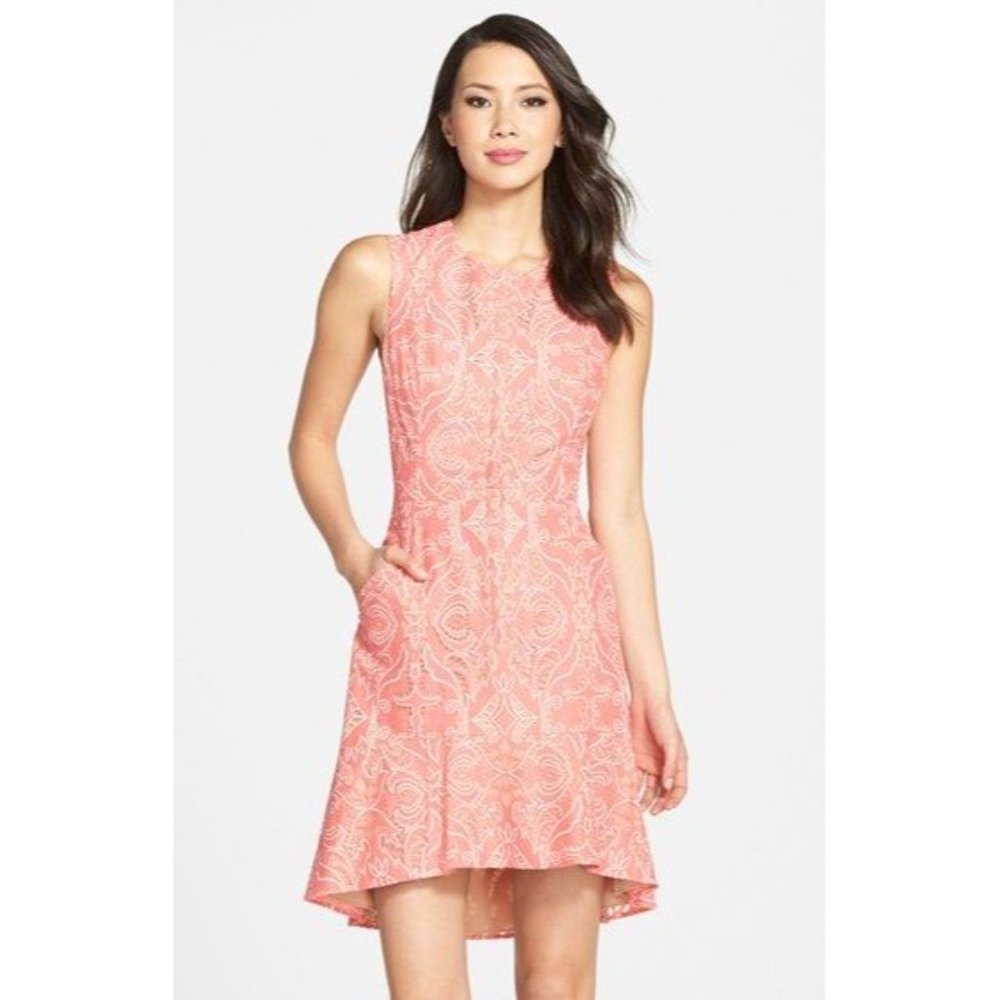 BCBGMaxAzria Chrystal Burnout Coral Lace Flounce Dress